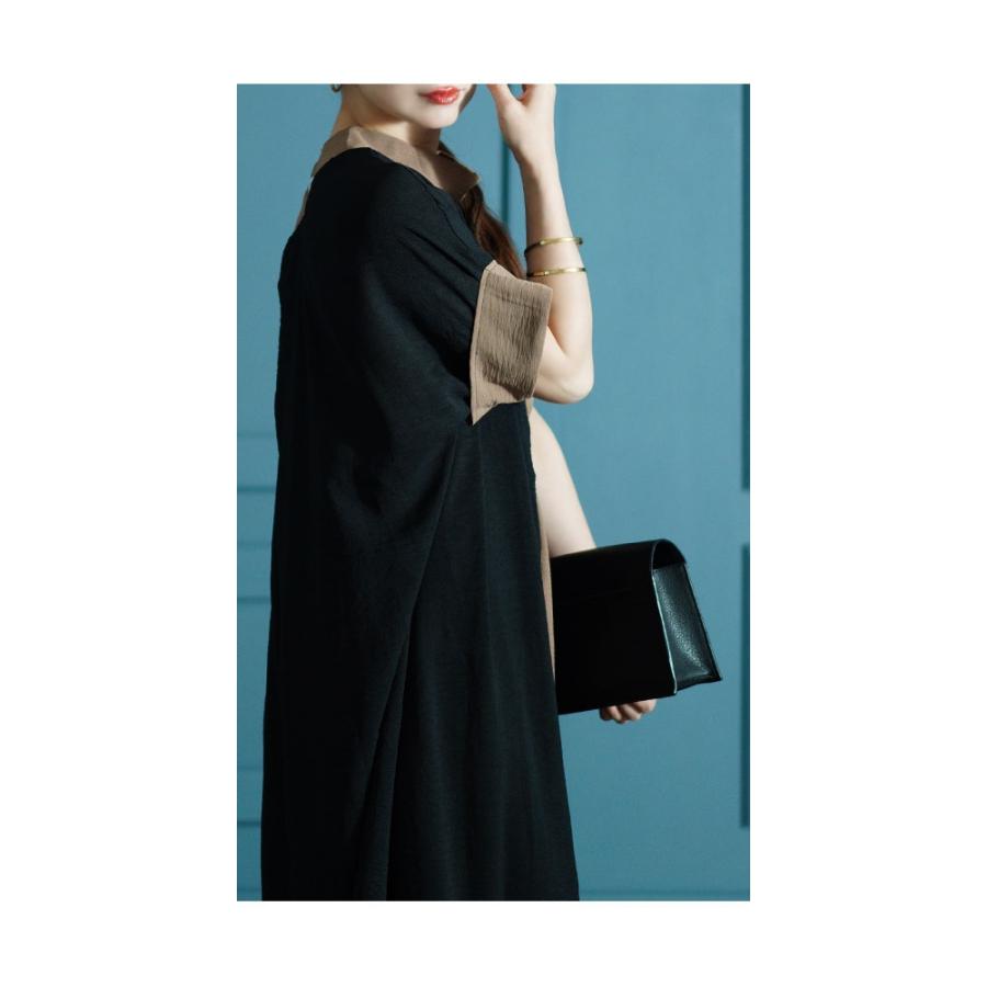 ワンピース ラウンドネック バイカラー 半袖 アシンメトリ Sawa a la mode ワンピース レディース 配色 バイカラー