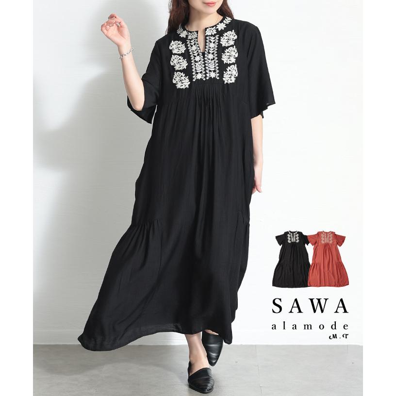 Sawa a la mode ワンピース レディース 花柄 刺繍 キーネック Sawa a la mode ワンピース レディース 花柄 刺繍 キーネック