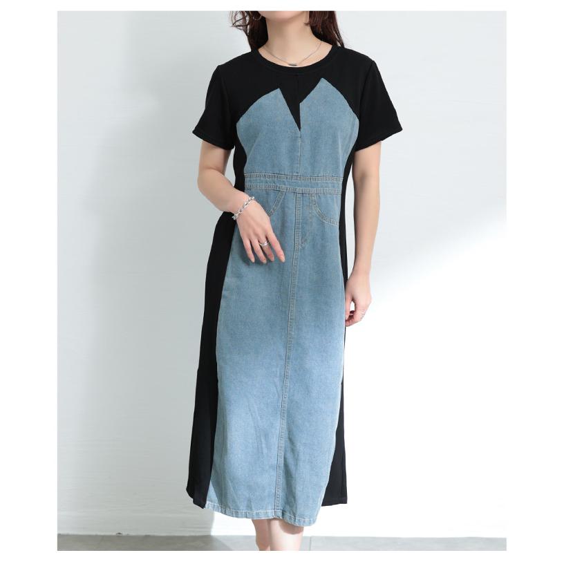 ワンピース レディース 異素材 デニム 半袖 ミモレ スリット ポケット 配色 ブラック 黒 夏 夏服 大人可愛い 大人 可愛い 30代 40代 50代 60代 サワアラモードの画像
