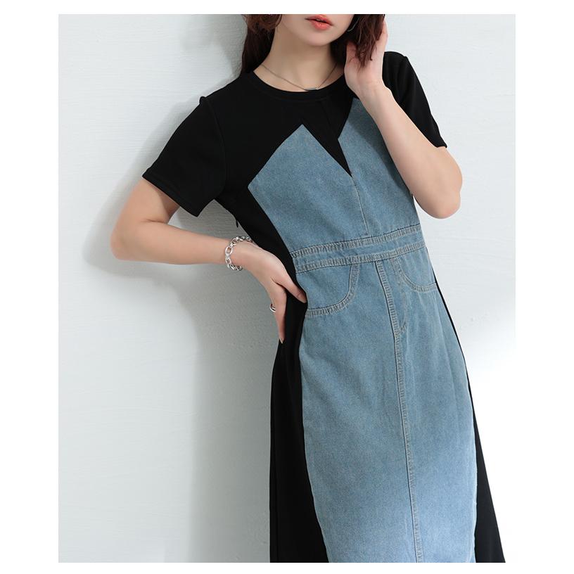 ワンピース レディース 異素材 デニム 半袖 ミモレ スリット ポケット 配色 ブラック 黒 夏 夏服 大人可愛い 大人 可愛い 30代 40代 50代 60代 サワアラモードの画像