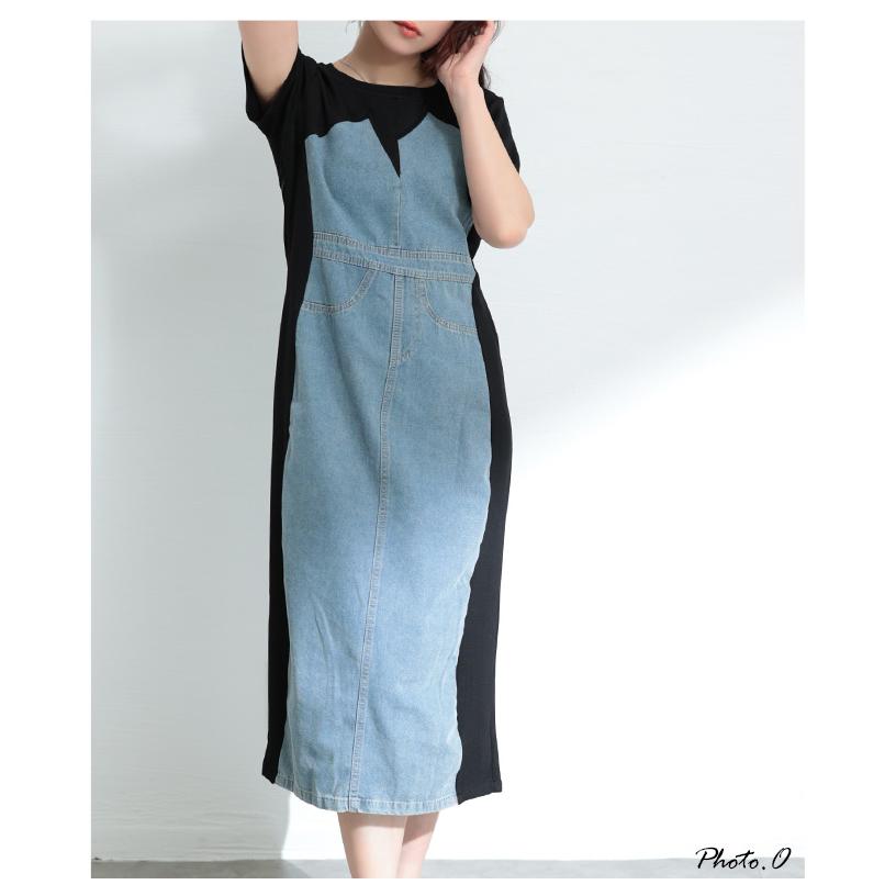 ワンピース レディース 異素材 デニム 半袖 ミモレ スリット ポケット 配色 ブラック 黒 夏 夏服 大人可愛い 大人 可愛い 30代 40代 50代 60代 サワアラモードの画像