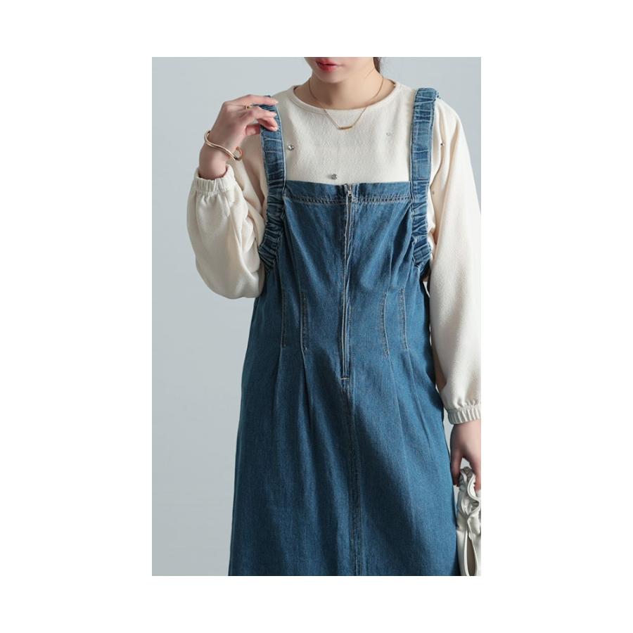 ワンピース レディース ジャンパースカート サロペット デニム タック ロング ブラック ブルー 大人可愛い 大人 可愛い 30代 40代 50代 60代 サ イベントセールの画像