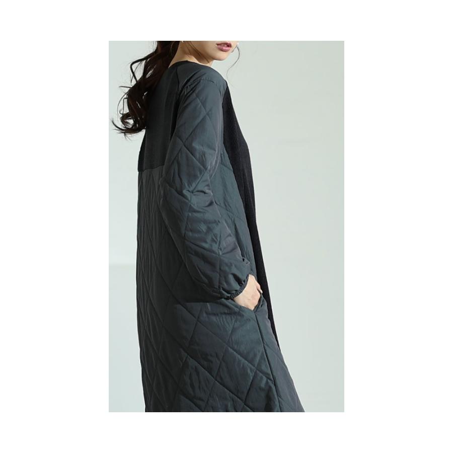 ワンピース レディース 異素材 キルティング リブニット 長袖 ミモレ丈