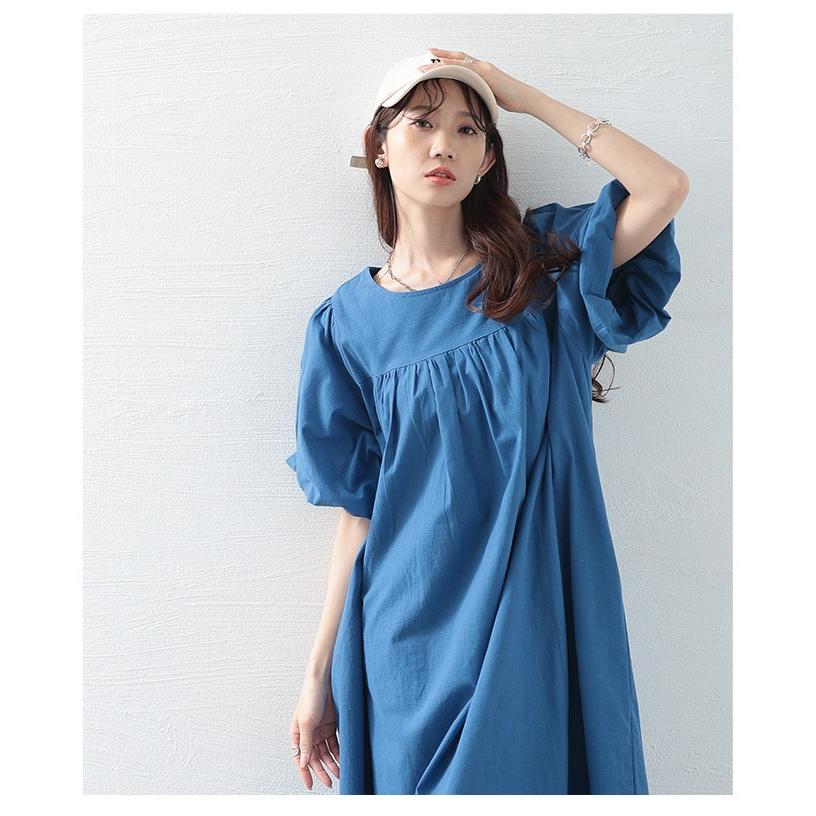 美品　ドゥロワー　ギャザー 半袖ワンピース　長袖　ウエストマーク　フレア セール】Aラインボリュームギャザーフレアロング丈半袖Tシャツ