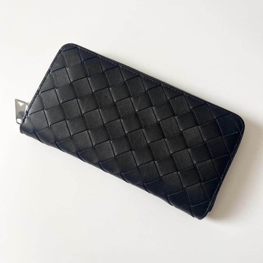 【美品】ボッテガヴェネタ 長財布 イントレチャート ラウンドファスナー ブラック BOTTEGA VENETA ボッテガヴェネタ イントレチャート レザー ブラック