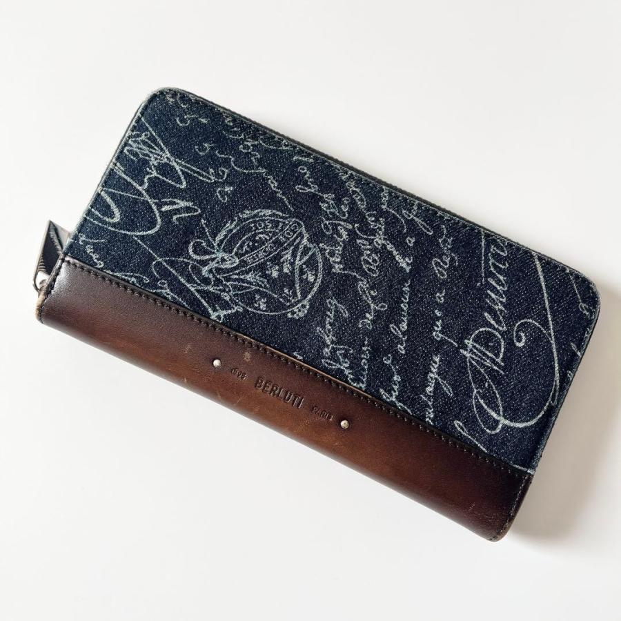 ベルルッティ イタウバ カリグラフィ 長財布 ネイビー ブラウン デニム レザー BERLUTI ベルルッティ イタウバ カリグラフィー 長財布 デニム レザー