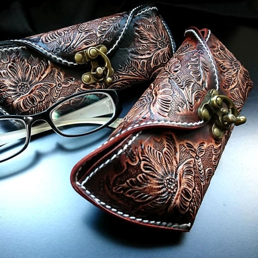 本革 カービング メガネケース サドルレザー 眼鏡ケース めがね