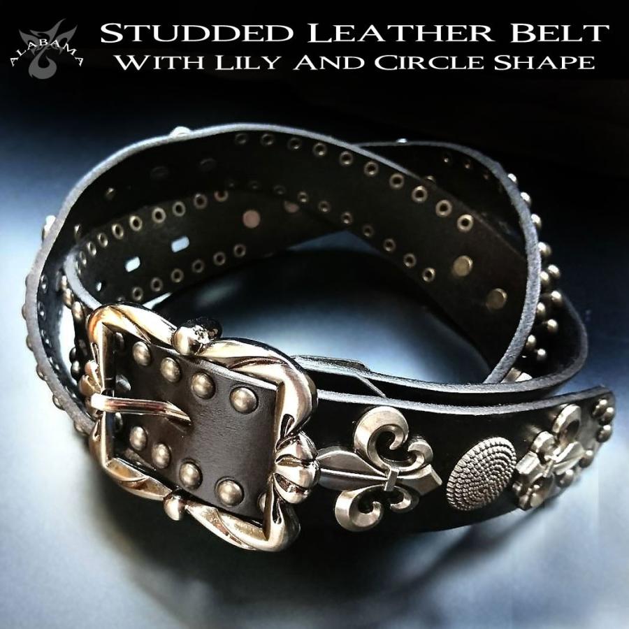 メンズ ベルト ゆり スタッズ ハード 黒 ブラック 本革 オイルレザー