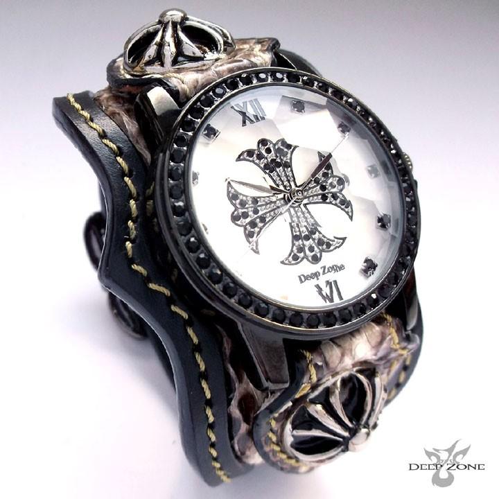 腕時計 メンズ 蛇革ベルト ジルコニア クロス 文字盤 クロスコンチョ