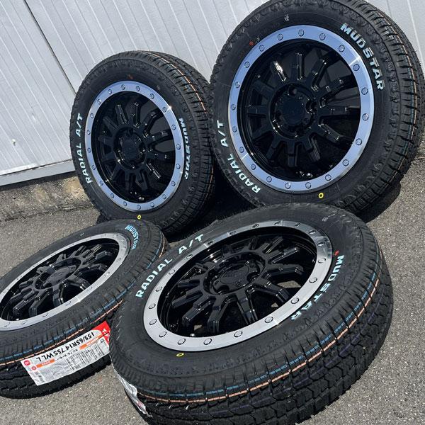MUDSTAR 155/65R14 165/65R14 14×4.5J+43 ラジアル AT リフトアップ ホワイトレター 軽トラ 軽バン ...
