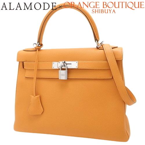 HERMES(エルメス) ケリー 28 (内縫い) オレンジ トゴ シルバー金具 □K  
