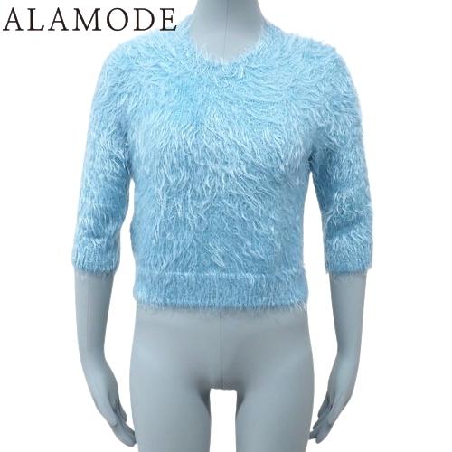 GUCCI(グッチ) クロップド丈 シャギー ニット トップス アパレル ファッション 六分袖 セーター GGロゴ  XS ナイロン ウール ライトブルー水色 ホワイト白 695655 レディース 40802148488【中古】【アラモード】 GUCCI（グッチ） クロップド丈 シャギー ニット 六分袖 セーター GG