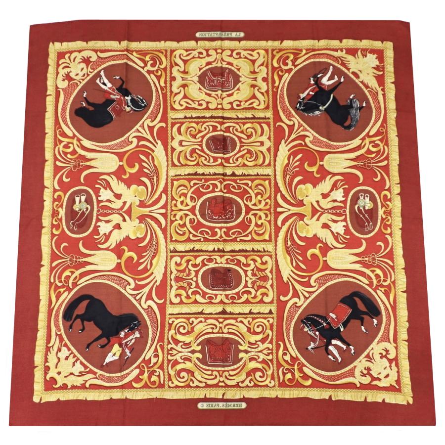 （美品）エルメス　シルク レッド系スカーフ 約90✖️90cm HERMES HERMES(エルメス) カレジェアン レッド赤 カシミヤ