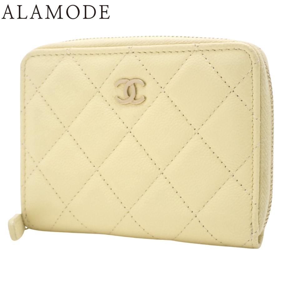 CHANEL(シャネル) マトラッセ ココマーク ジップ ミニ財布 コンパクトウォレット ラウンドファスナー ジップアラウンド 小物 キャビアスキン クリーム薄黄色 ゴールド金具 レディース 40802160477【中古】【アラモード】 CHANEL（シャネル） マトラッセ ココマーク ジップ ミニ財布
