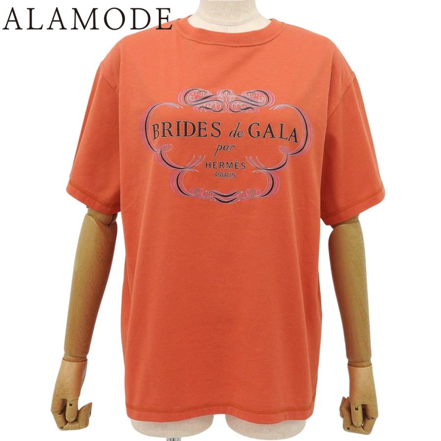 HERMES(エルメス) BRIDES de GALA Tシャツ オレンジ ブラック黒 コットン Tシャツ アパレル ファッション 半袖 クルーネック レディース 40802165336【中古】【アラモード】 HERMES（エルメス） BRIDES de GALA Tシャツ オレンジ ブラック黒