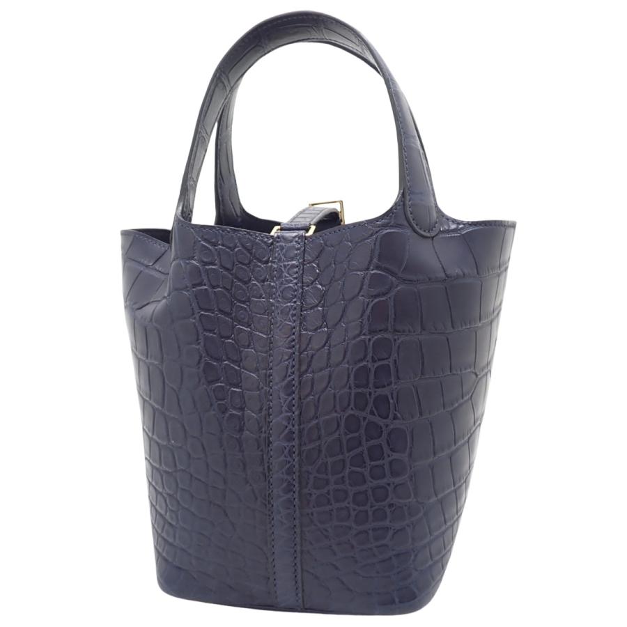 HERMES(エルメス) ピコタンロックPM ブルーマリン ネイビー紺 アリゲーターマット クロコダイル ゴールド金具 U刻印 ハンドバッグ トートバッグ レディース 40802167398【中古】【アラモード】 HERMES（エルメス） ピコタンロックPM ブルーマリン ネイビー紺