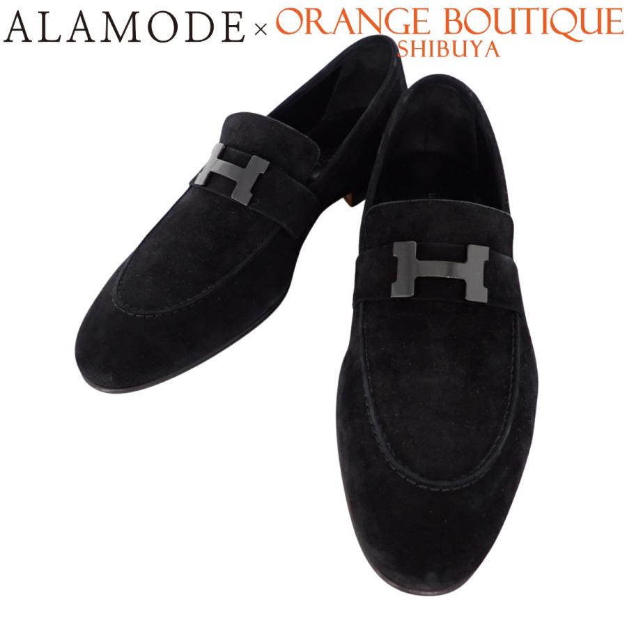 HERMES スエード ローファー ブラック H金具 HERMES（エルメス） モカシン パリ ブラック黒 スウェード/スエード