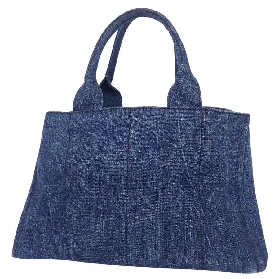 美品 プラダ デニム トートバッグ カナパ 3角プレート ロゴ金具 ネイビー PRADA（プラダ） カナパ トートバッグ デニム ブルー青 ゴールド金具