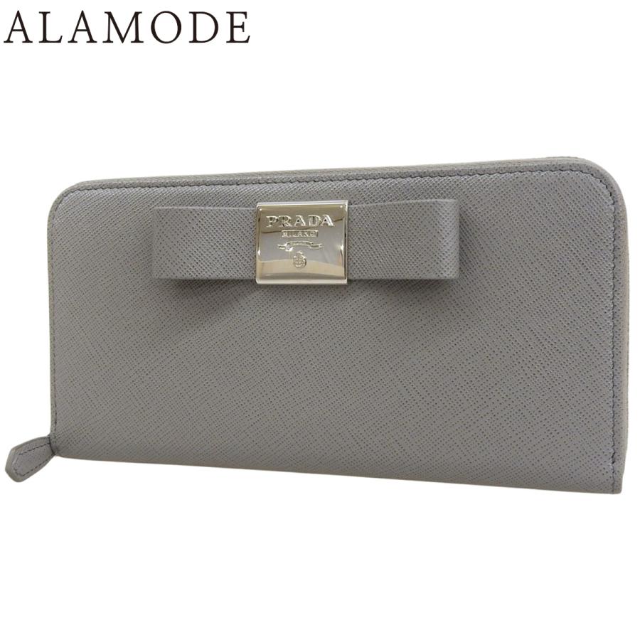 PRADA(プラダ) リボン ラウンドファスナー長財布 ロングウォレット サフィアーノレザー グレー シルバー金具 1ML506 レディース 40802182696【中古】【アラモード】 PRADA（プラダ） リボン ラウンドファスナー長財布 ロングウォレット
