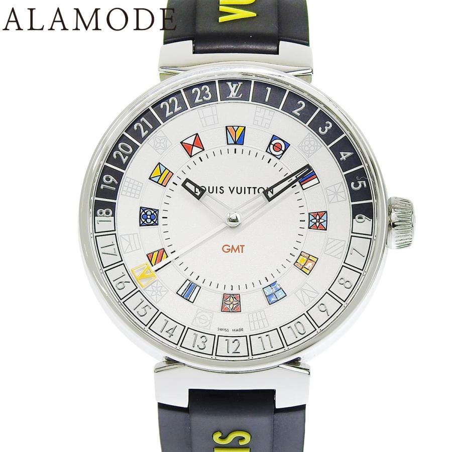 ルイ・ヴィトン タンブール ムーン デュアルタイム GMT QA096Z SS/ラバー シルバー クオーツ メンズ 40802188037【中古】【アラモード】 LOUIS VUITTON（ルイ・ヴィトン） タンブール ムーン デュアルタイム