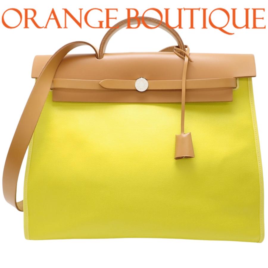 HERMES（エルメス） エールバッグジップMM ライム イエロー黄 トワル 