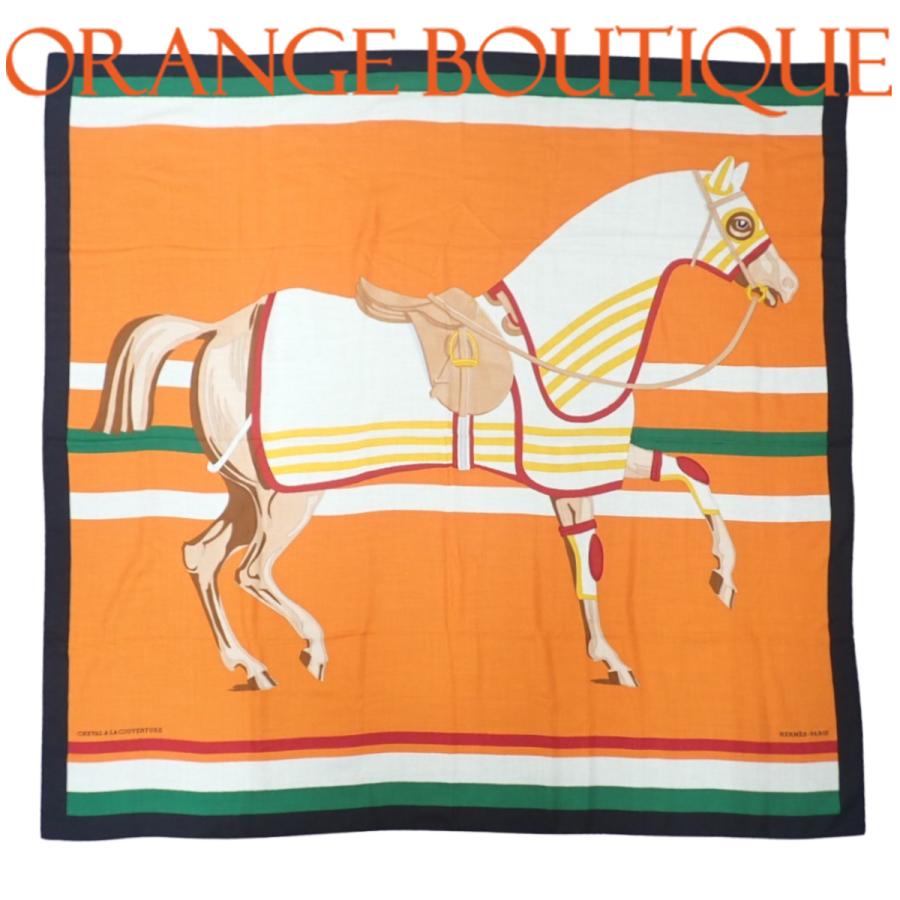 HERMES エルメス カレジェアン140 馬衣と馬着 スカーフ HERMES（エルメス） 馬着とともに カレジェアン オレンジ ホワイト白