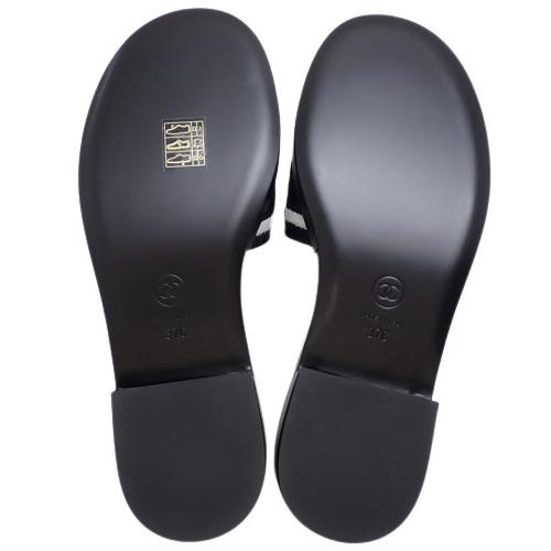 CHANEL シャネル) ロゴ サンダル シューズ 靴 37 レザー コットン 黒 