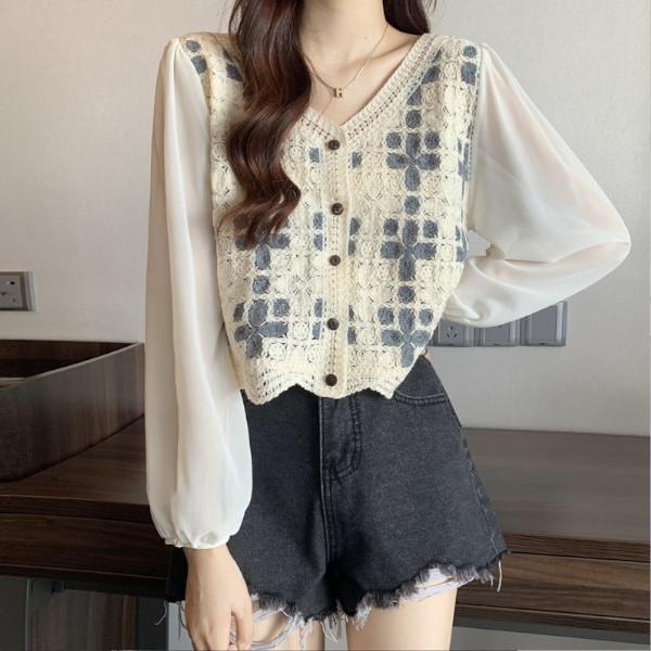 EPOCA ふんわりシフォン袖パフスリーブ美形フィット柔らかニットソー 切替ブラウス レディース Vネック シフォン 長袖 シアー 異素材