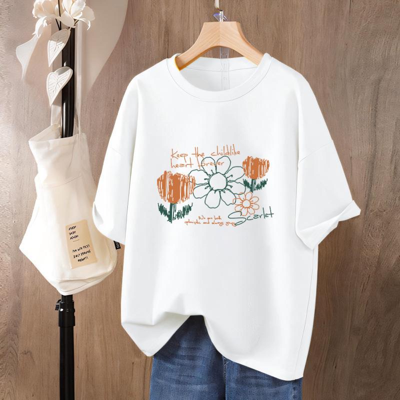 Tシャツ レディース 半袖 綿100% クルーネック 大きめ コットン 花