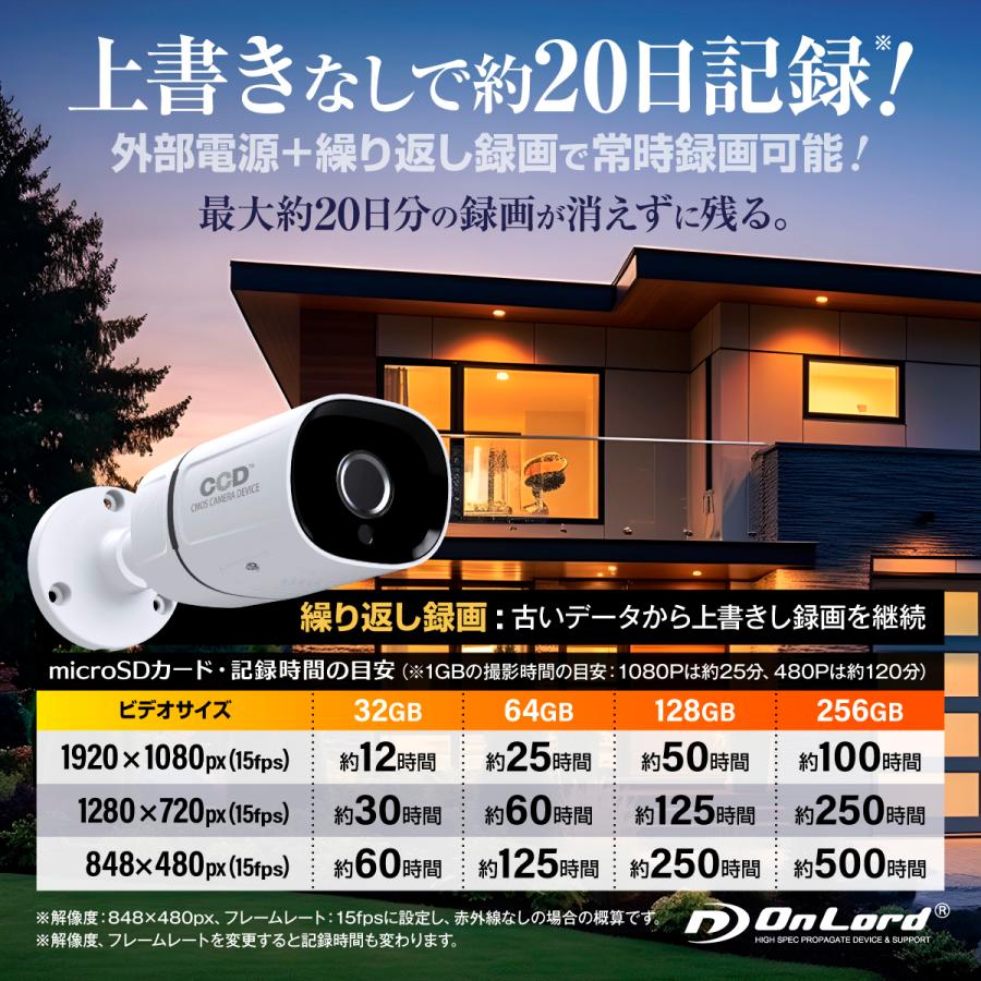 オンロード(OnLord) SDカード防犯カメラ 屋外 録画装置内蔵 200万画素 1080P 強力赤外線LED リモコン 同軸ケーブル H.264 256GB対応 OL-022BW_16
