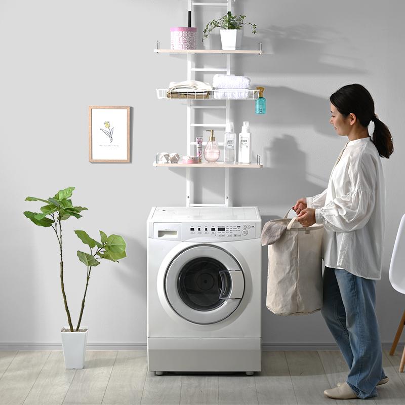 突っ張りランドリーラック　3段×バスケット つっぱり ランドリーラック 幅60 3段 バスケット付 防水パン対応 伸縮