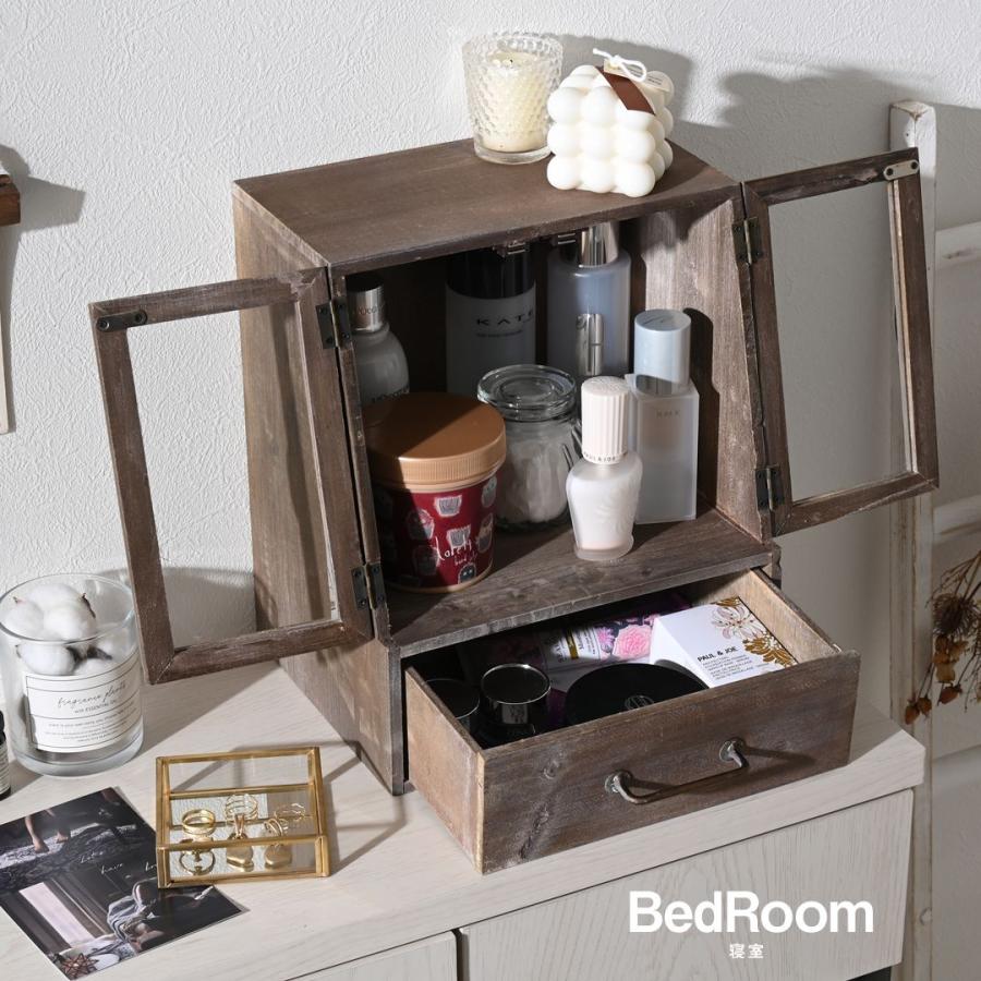 アンテーク、木製ガラス扉付き箪笥 引き出し3つ ヴィンテージ アンティーク スパイスキャビネット ガラス扉 観音開き