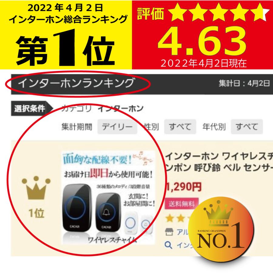 インターホン ドアホン ワイヤレスチャイム 技適取得済 発信機2個 チャイム ワイヤレス 玄関 ドアベル 防水 ピンポン 呼び鈴 ベル センサー 介護 無線 防水 AZ4U |  | 04