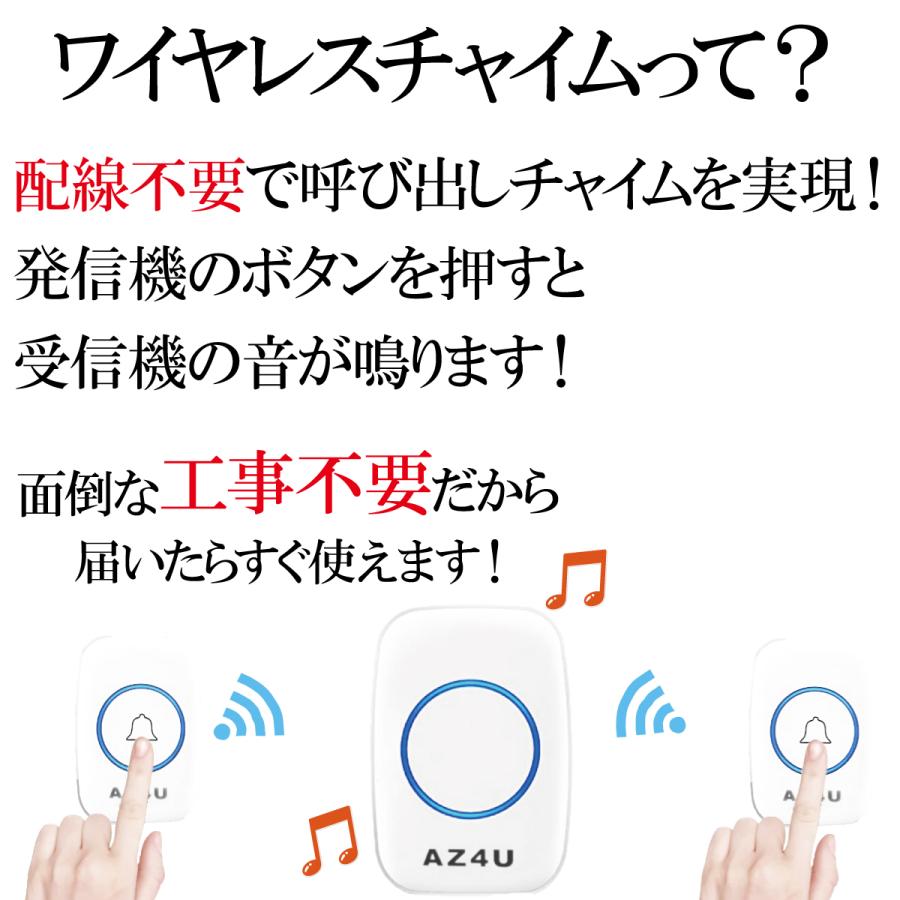 インターホン ドアホン ワイヤレスチャイム 技適取得済 発信機2個 チャイム ワイヤレス 玄関 ドアベル 防水 ピンポン 呼び鈴 ベル センサー 介護 無線 防水 AZ4U |  | 08