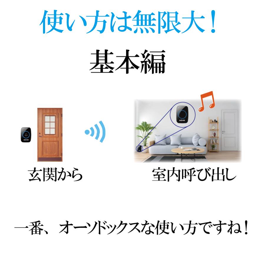インターホン ドアホン ワイヤレスチャイム 技適取得済 発信機2個 チャイム ワイヤレス 玄関 ドアベル 防水 ピンポン 呼び鈴 ベル センサー 介護 無線 防水 AZ4U |  | 09