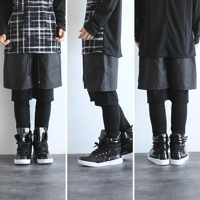 ショートパンツ レギンス メンズ フェイクレイヤード モード系 原宿 黒 ブラック 日本製 国産 個性的 オリジナル ブランド ユニセックス レディース 中性的 101 Albino 通販 Yahoo ショッピング