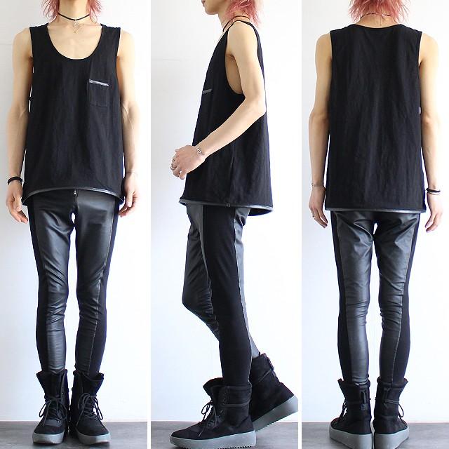 ロング タンクトップ メンズ 無地 ワイド パイピング PUレザー モード