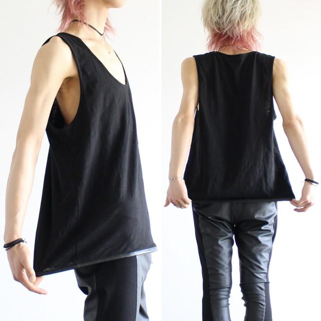 ロング タンクトップ メンズ 無地 ワイド パイピング PUレザー モード