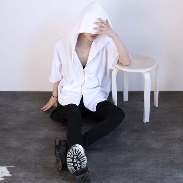 パーカー メンズ ボリュームネック ダブルジップ 半袖 ZIP ビッグ