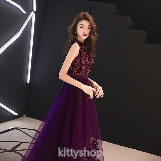 イブニングドレス ノースリーブ パープル ロングドレス スパンコール ドレス キレイめ 発表会ドレス 演奏会 パーティードレス ミモレ丈ドレス 誕生日 イブニングドレス ノースリーブ パープルロングドレス スパンコール