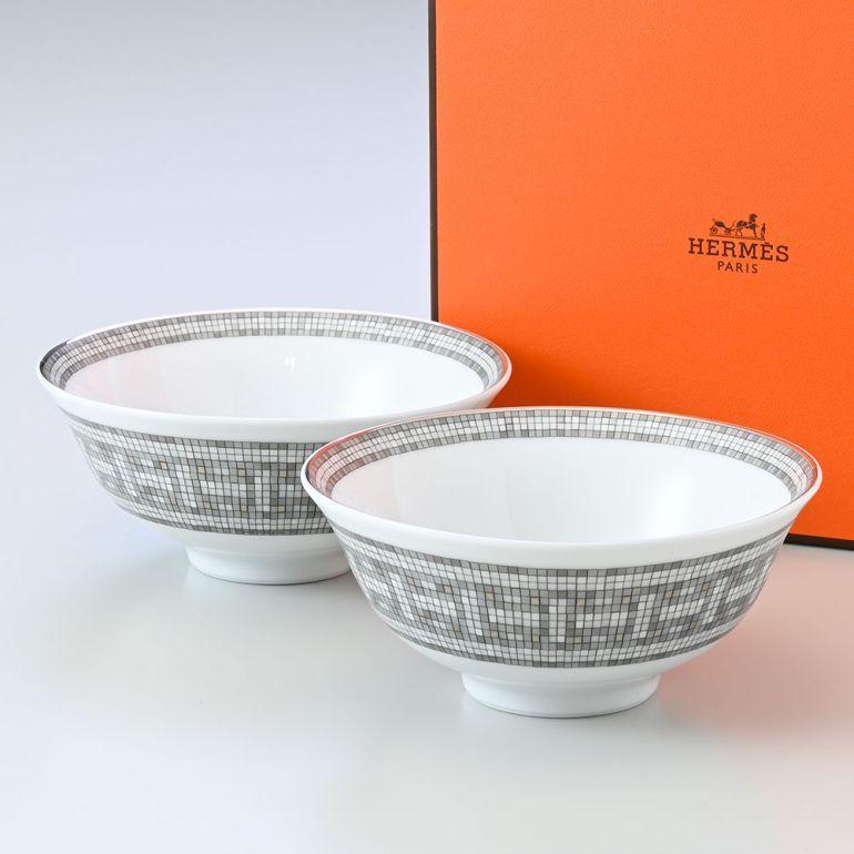 エルメス モザイク ヴァンキャトル スープボウル ペア 11cm プラチナ  