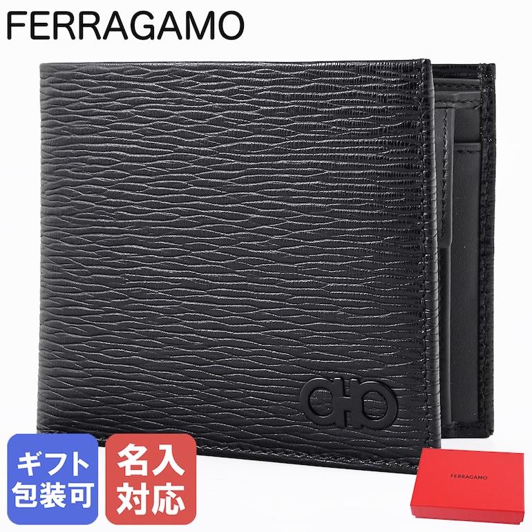 Salvatore Ferragamo ブラック 二つ折り財布 FERRAGAMO ブラックレザー 二つ折り財布