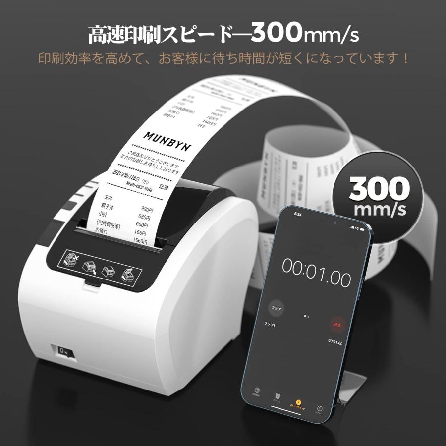 MUNBYN レシートプリンター 感熱式プリンター 高速印刷 USB/Ethernet/Bluetooth対応 ESC/POS指令 58mm 80mm ホワイト 300mm/s｜alexpc｜06