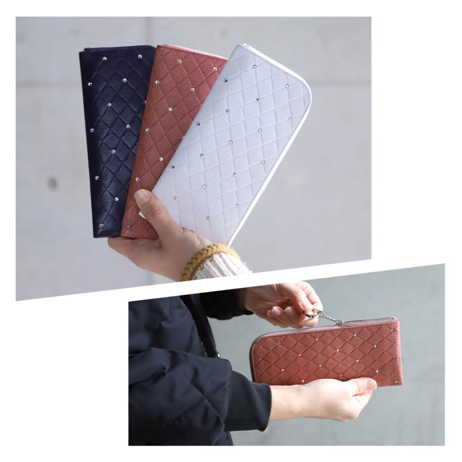 財布 レディース 長財布 ブランド 薄い 本革 キルティング L字ファスナー スワロフスキー AC106 薄型 山羊革 カード収納 カードケース カード入れ 大容量 | Bejoueld | 01