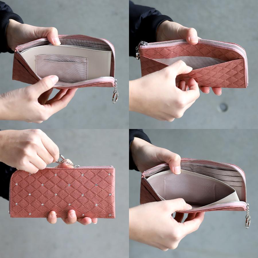財布 レディース 長財布 ブランド 薄い 本革 キルティング L字ファスナー スワロフスキー AC106 薄型 山羊革 カード収納 カードケース カード入れ 大容量 | Bejoueld | 09