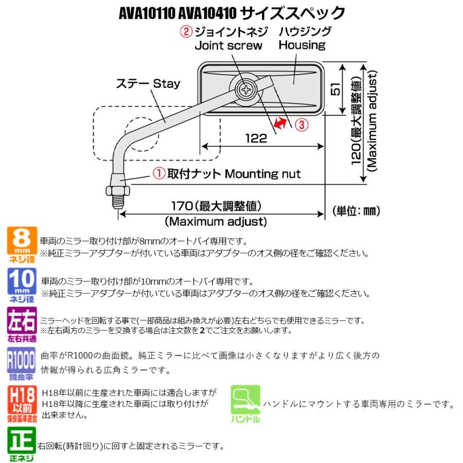TANAX リトラミラー ハンドルマウントミラー  クロームメッキ ブラック シルバー鏡 左右共通 片側1本 AVA10 正ネジ 10mmタナックス  ナポレオン | NAPOLEON | 03