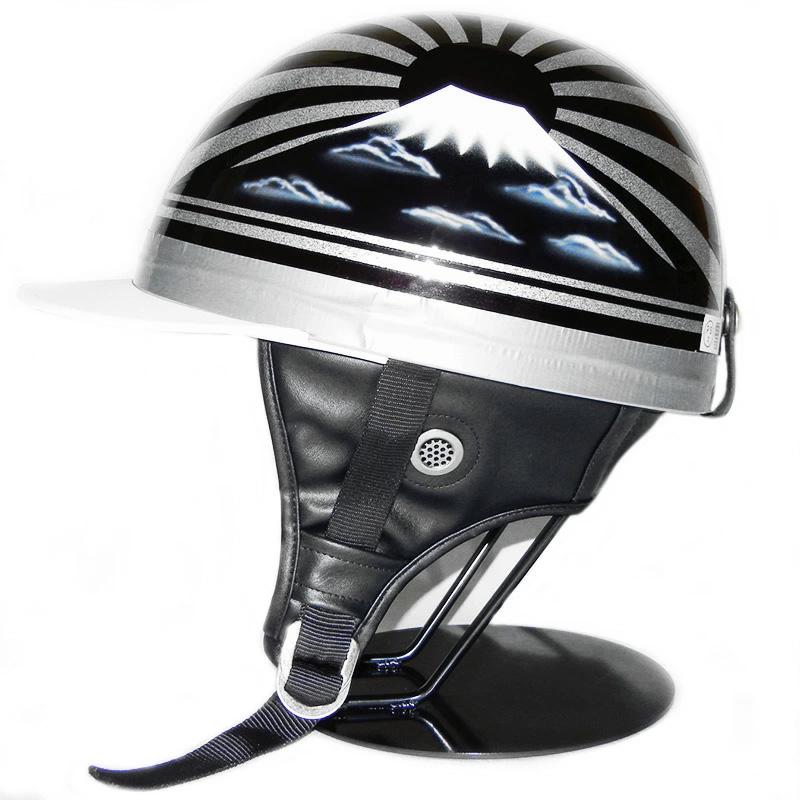 ドリーム カスタムペイント コルク半キャップ ヘルメット 富士日章ブラックメタル 白ツバ 白ツバハーフ コルク半 ハーフヘルメット 白 黒 | 