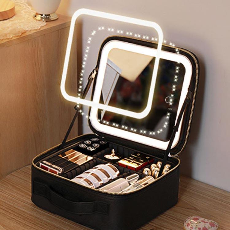 黒い メイクアップボックス+ライト おしゃれ 防水 LED 取り外し可能 大容量 レザー メイクボックス ライト