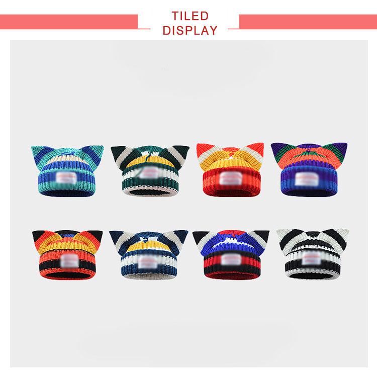 ネコ ニット帽 ウサギ耳 カラフル 猫耳 ビーニー 帽子 垂れ耳 配色