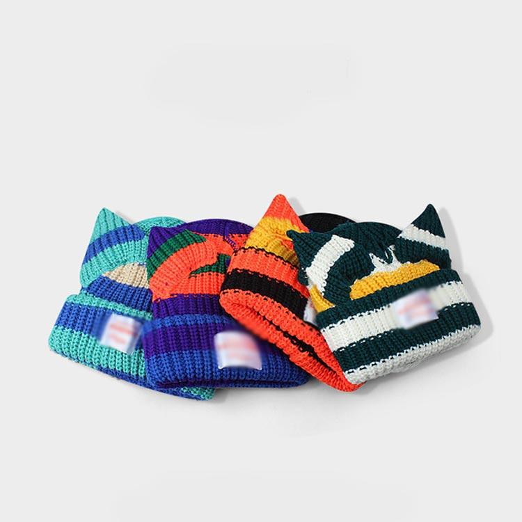 ネコ ニット帽 ウサギ耳 カラフル 猫耳 ビーニー 帽子 垂れ耳 配色